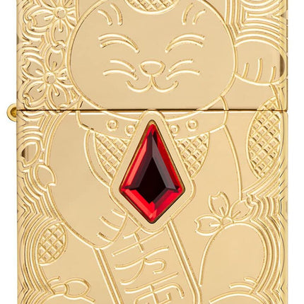 Zippo Lucky Cat Design Armor High Polish Brass Pocket Lighter 49802-094306