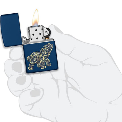 Zippo Lucky Elephant Design Navy Matte Pocket Lighter 49515