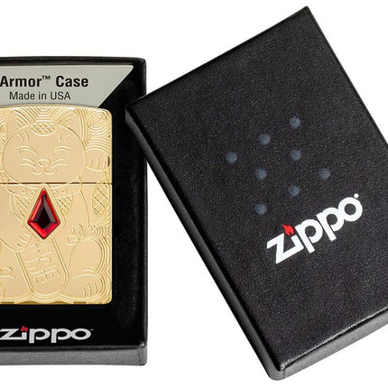 Zippo Lucky Cat Design Armor High Polish Brass Pocket Lighter 49802-094306