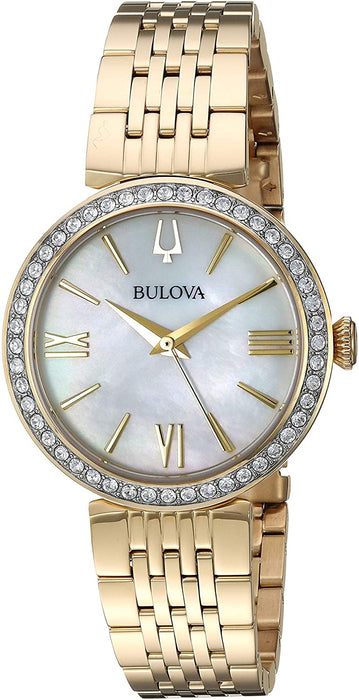 Bulova Box Set Quartz Ladies Watch, Stainless Steel Crystal , Gold-Tone (Model: 98X122)