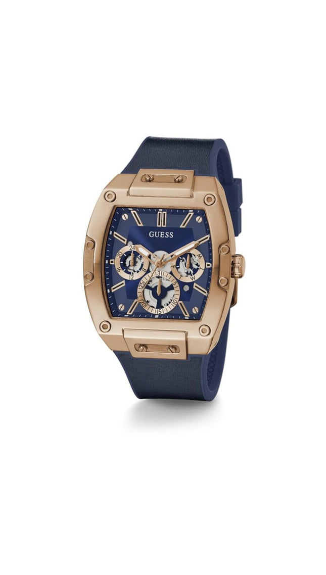 GUESS Men's Rose Gold Multifunction Case Blue Strap Watch GW0202G4