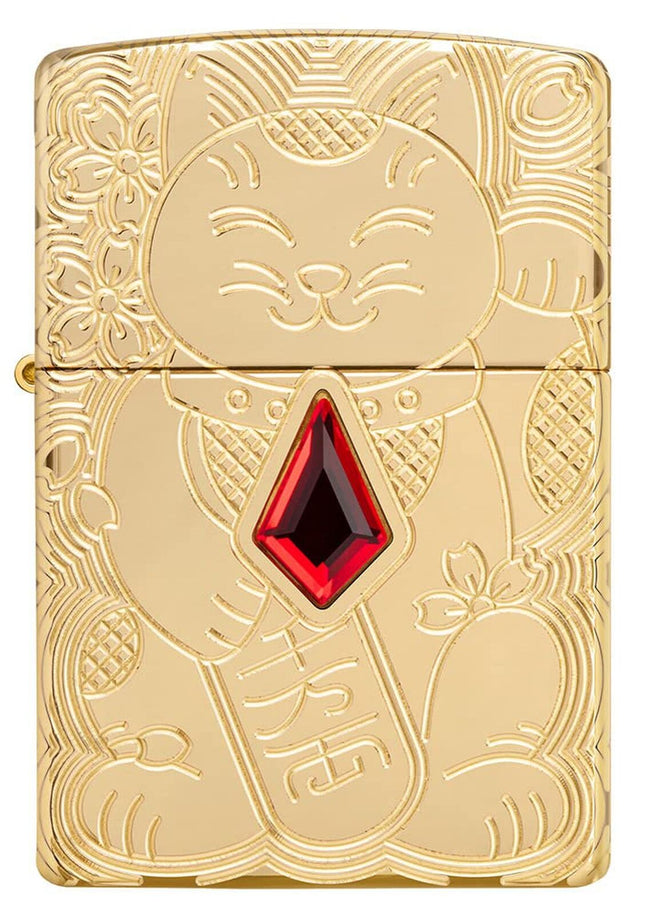 Zippo Lucky Cat Design Armor High Polish Brass Pocket Lighter 49802-094306