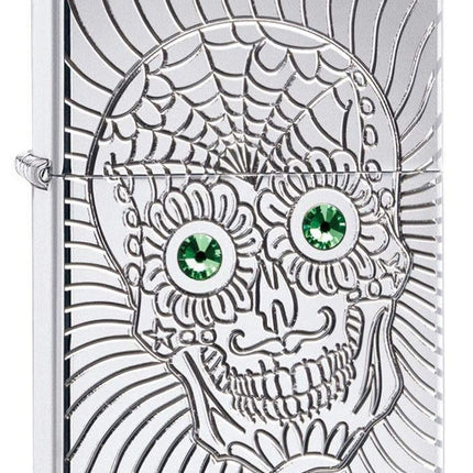 Zippo Armor Sugar Skull Design High Polish Chrome Emblem Attached Pocket Lighter