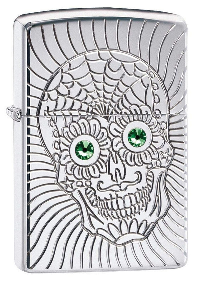 Zippo Armor Sugar Skull Design High Polish Chrome Emblem Attached Pocket Lighter