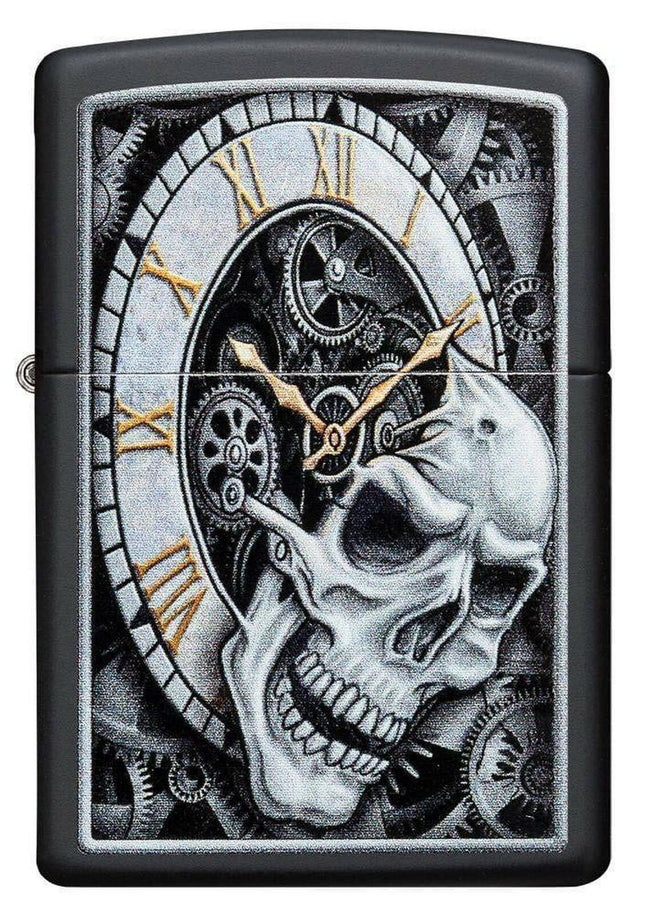 Zippo Skull Clock Design Black Matte Pocket Lighter