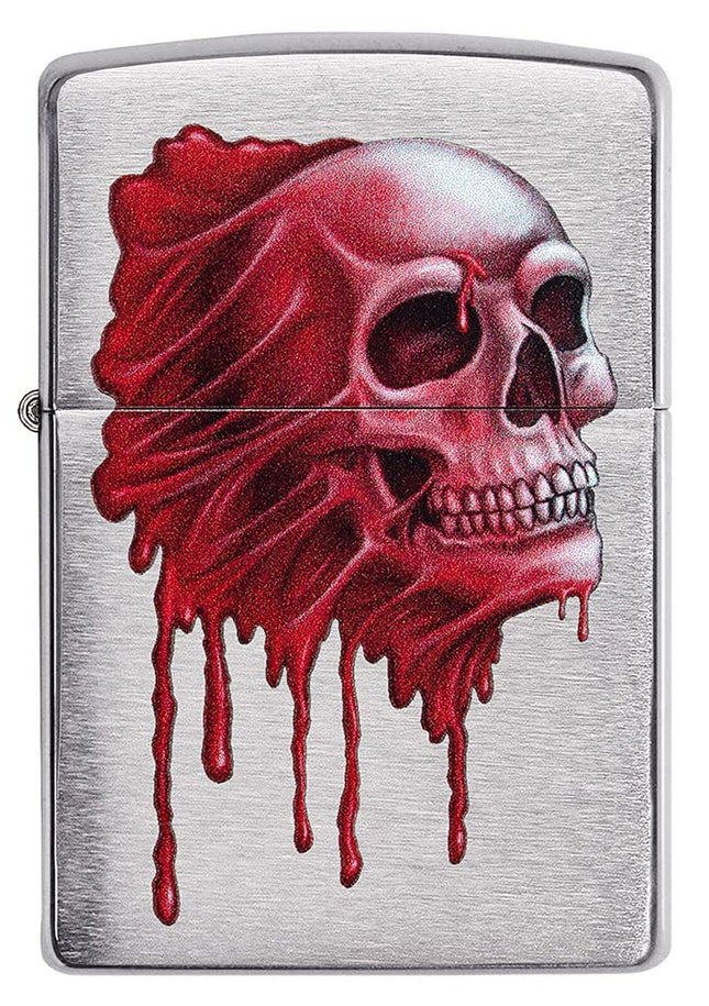 Zippo Gory Skull Design Brushed Chrome Pocket Lighter, Silver