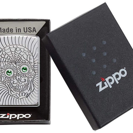 Zippo Armor Sugar Skull Design High Polish Chrome Emblem Attached Pocket Lighter