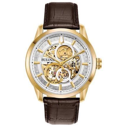 Bulova Men's Classic Sutton Automatic Skeleton Dial Brown Leather Strap 97A138