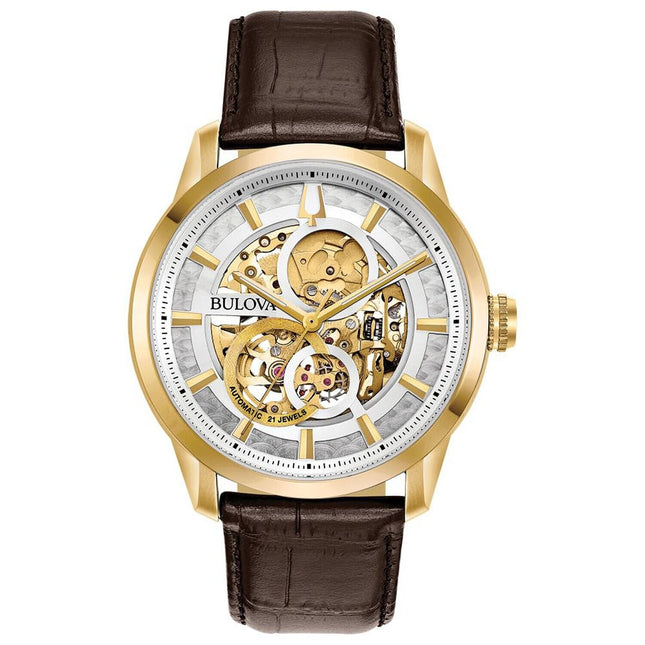 Bulova Men's Classic Sutton Automatic Skeleton Dial Brown Leather Strap 97A138