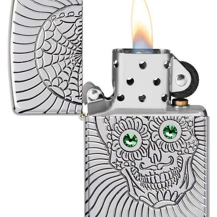 Zippo Armor Sugar Skull Design High Polish Chrome Emblem Attached Pocket Lighter