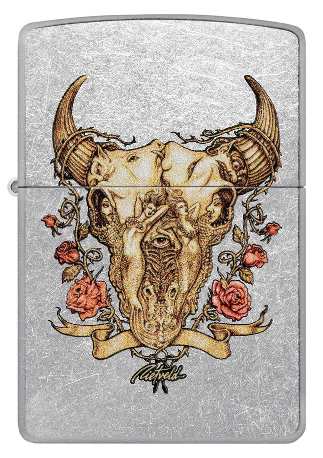 Zippo Rick Rietveld Floral Bull Skull Street Chrome Pocket Lighter 48559-104125