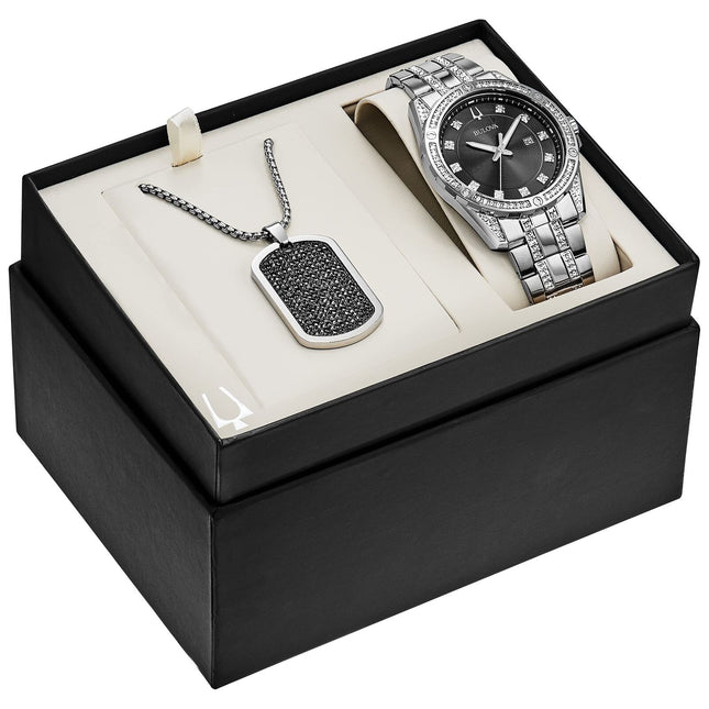 Bulova Men's Classic Stainless Steel Box Set with Black Dial Quartz Date Watc...