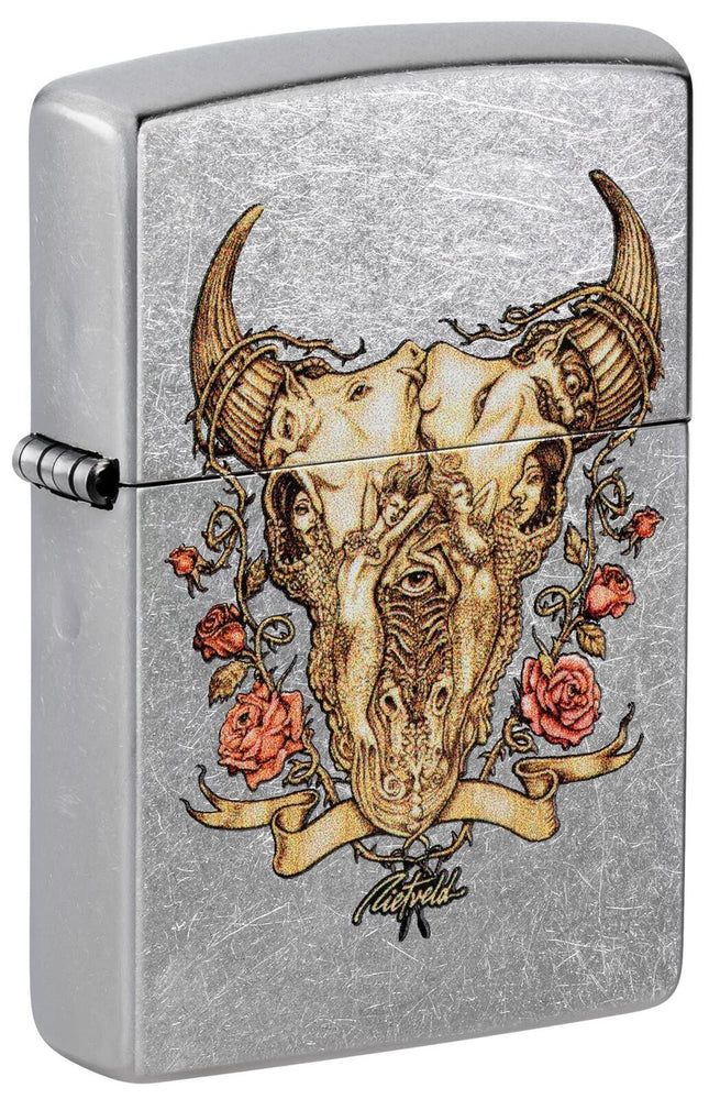 Zippo Rick Rietveld Floral Bull Skull Street Chrome Pocket Lighter 48559-104125