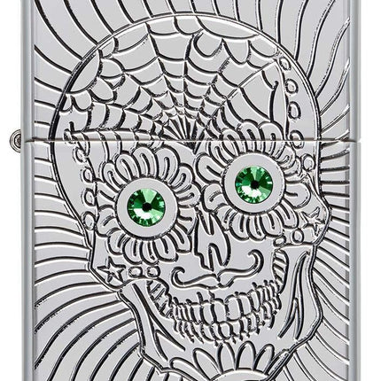 Zippo Armor Sugar Skull Design High Polish Chrome Emblem Attached Pocket Lighter