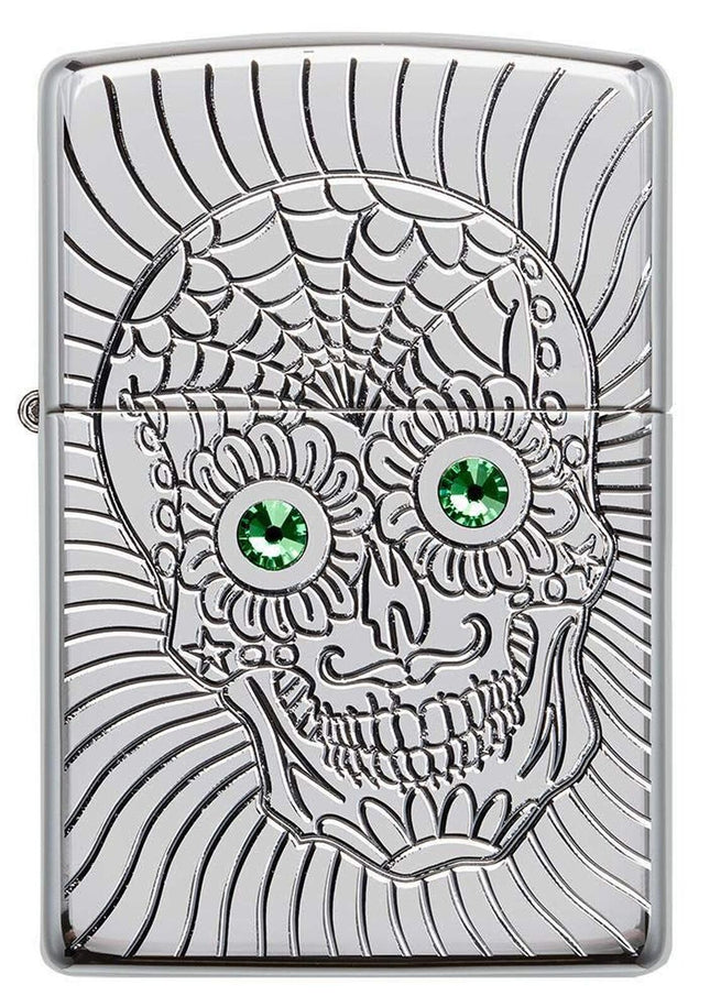 Zippo Armor Sugar Skull Design High Polish Chrome Emblem Attached Pocket Lighter