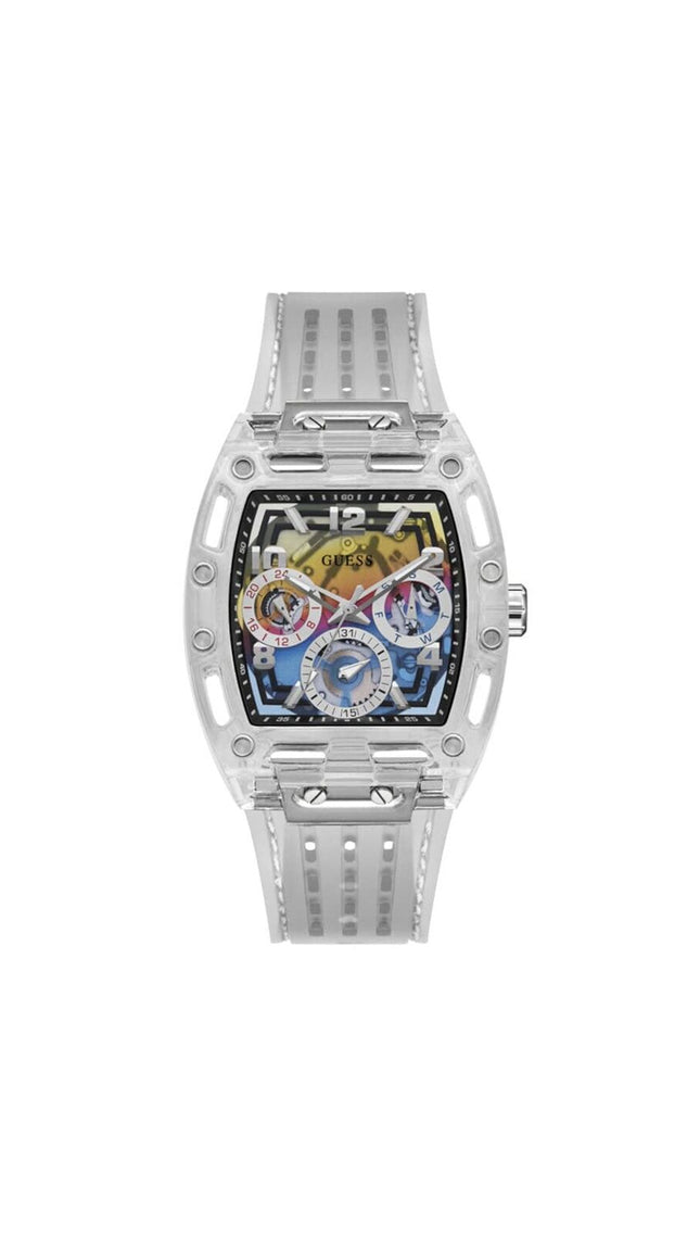 GUESS Mens 44 mm Watch Rainbow Dial Clear Case GW0499G3