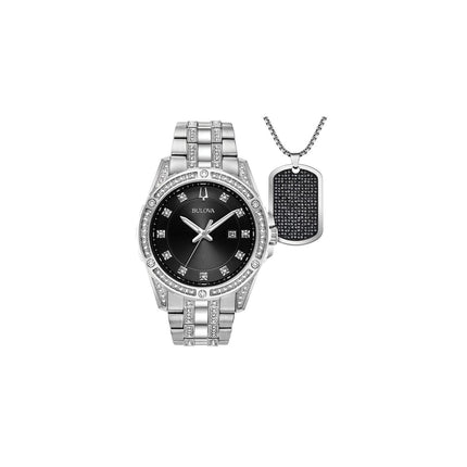 Bulova Men's Classic Stainless Steel Box Set with Black Dial Quartz Date Watc...