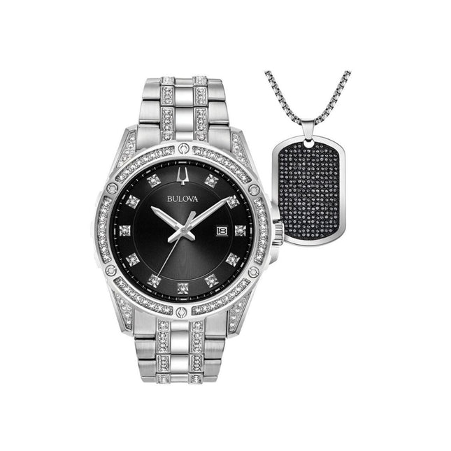 Bulova Men's Classic Stainless Steel Box Set with Black Dial Quartz Date Watc...