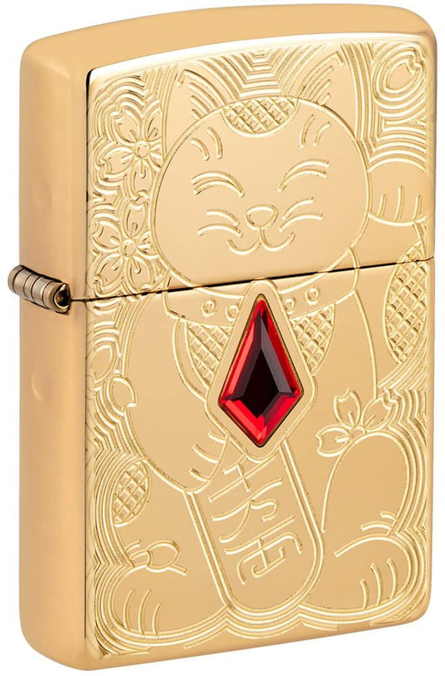 Zippo Lucky Cat Design Armor High Polish Brass Pocket Lighter 49802-094306