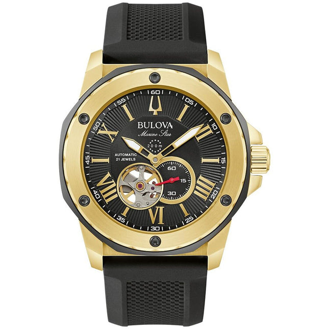 Bulova Men's Marine Star Black and Gold-Tone Silicone Strap Watch 98A272