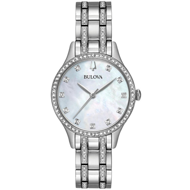 Bulova Ladies Crystal Stainless Steel Box Set Mother-of-Pearl Quartz Watch 96X145