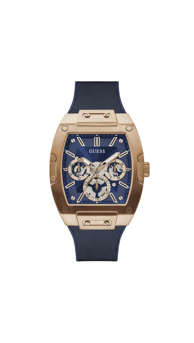 GUESS Men's Rose Gold Multifunction Case Blue Strap Watch GW0202G4