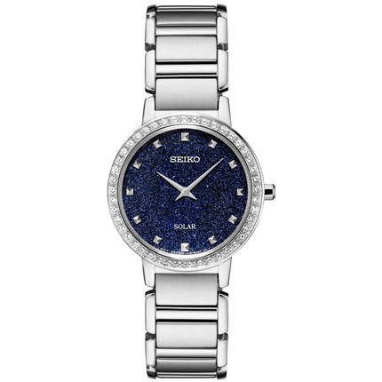 Seiko Ladies Silver Tone Crystal Bezel Watch with Glitter Patterned Dial SUP4...