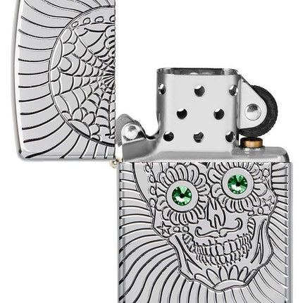 Zippo Armor Sugar Skull Design High Polish Chrome Emblem Attached Pocket Lighter