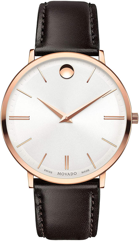 Movado Men's Ultra Slim Rose Gold Watch with a Printed Index Dial, Brown/Gold/White (Model 607089)
