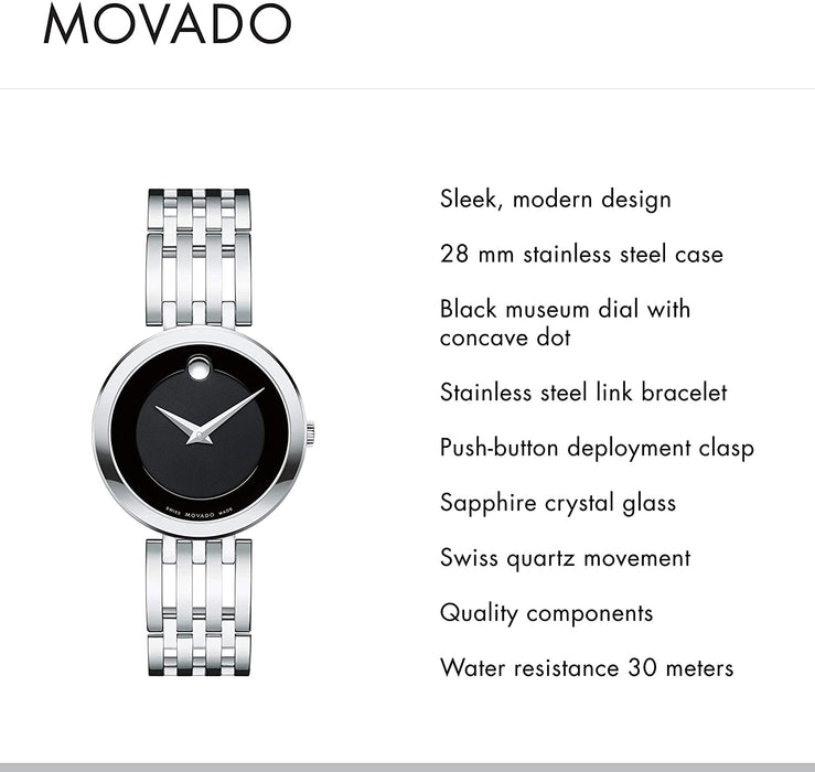Movado Women's Esperanza Stainless Steel Watch with a Concave Dot Museum Dial, Silver/Black (607051)
