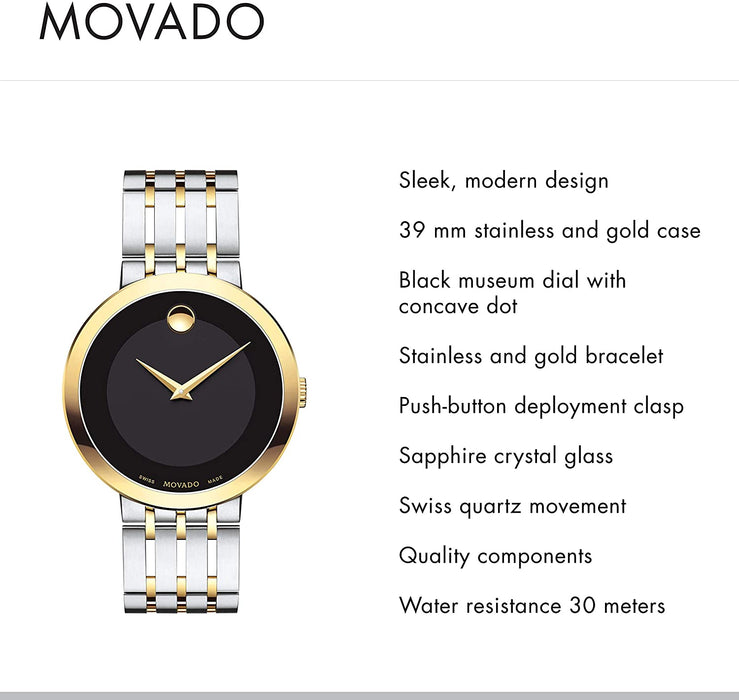 Movado Men's Esperanza Two Tone Watch with Concave Dot Museum Dial, Silver/Gold/Black (Model 607058)